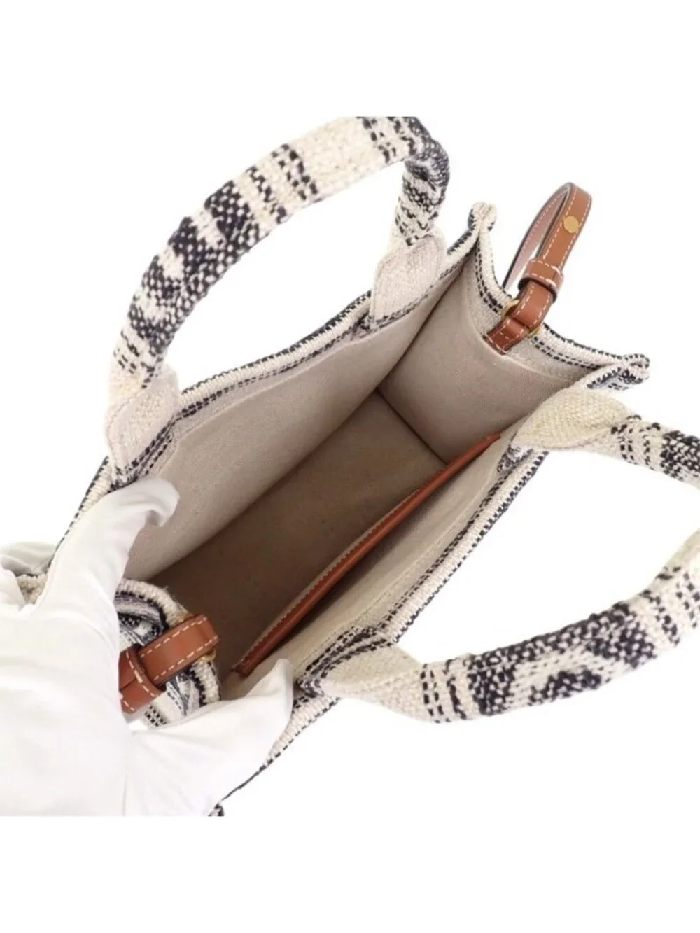 Celine Small Cabas Thais Jacquard Shoulder Bag Tote Cotton Calfskin White Navy